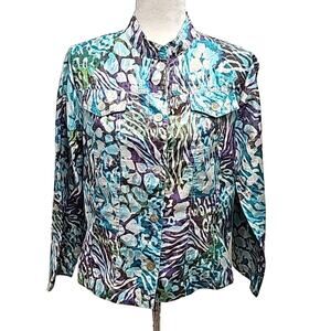 Ruby Rd Womens Button Front Cotton Poly Long Sleeve Jacket Top Multi Size 12
